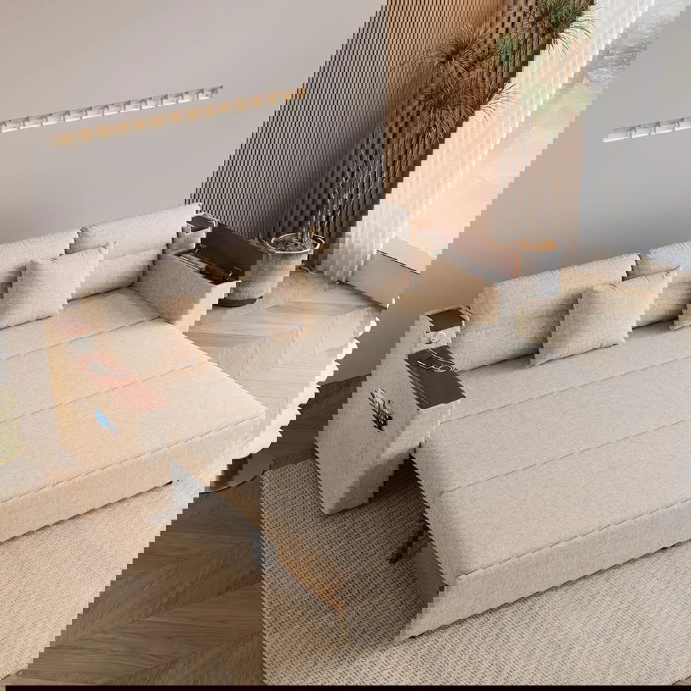 83" Linen Convertible Sofa Bed Beige Full Sleeper Sofa with Storage and Side Pockets - 