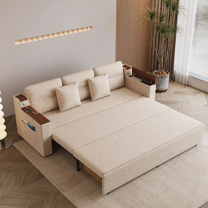 83" Linen Convertible Sofa Bed Beige Full Sleeper Sofa with Storage and Side Pockets - 