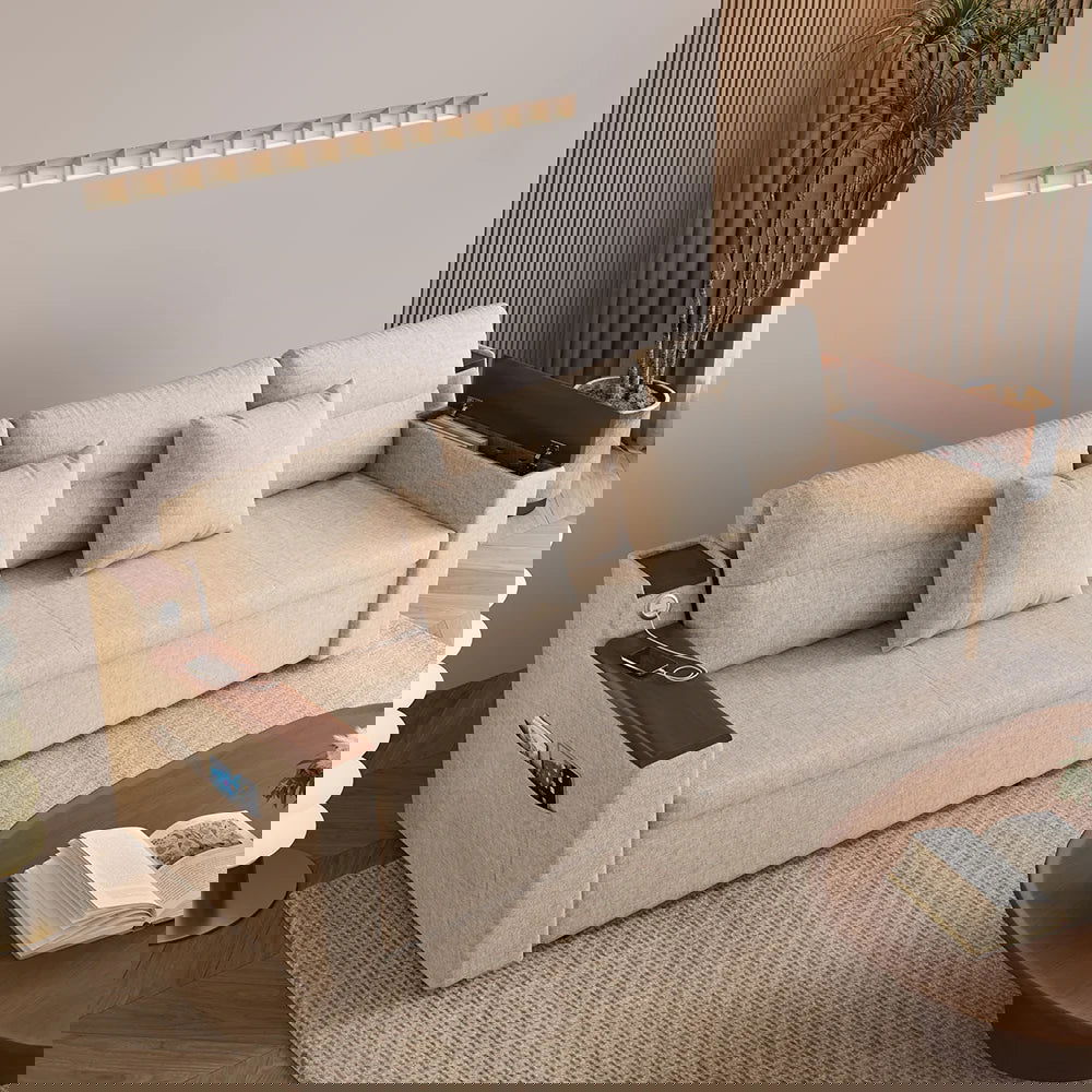 83" Linen Convertible Sofa Bed Beige Full Sleeper Sofa with Storage and Side Pockets - 