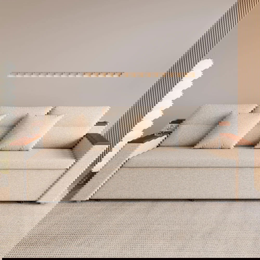 83" Linen Convertible Sofa Bed Beige Full Sleeper Sofa with Storage and Side Pockets - 