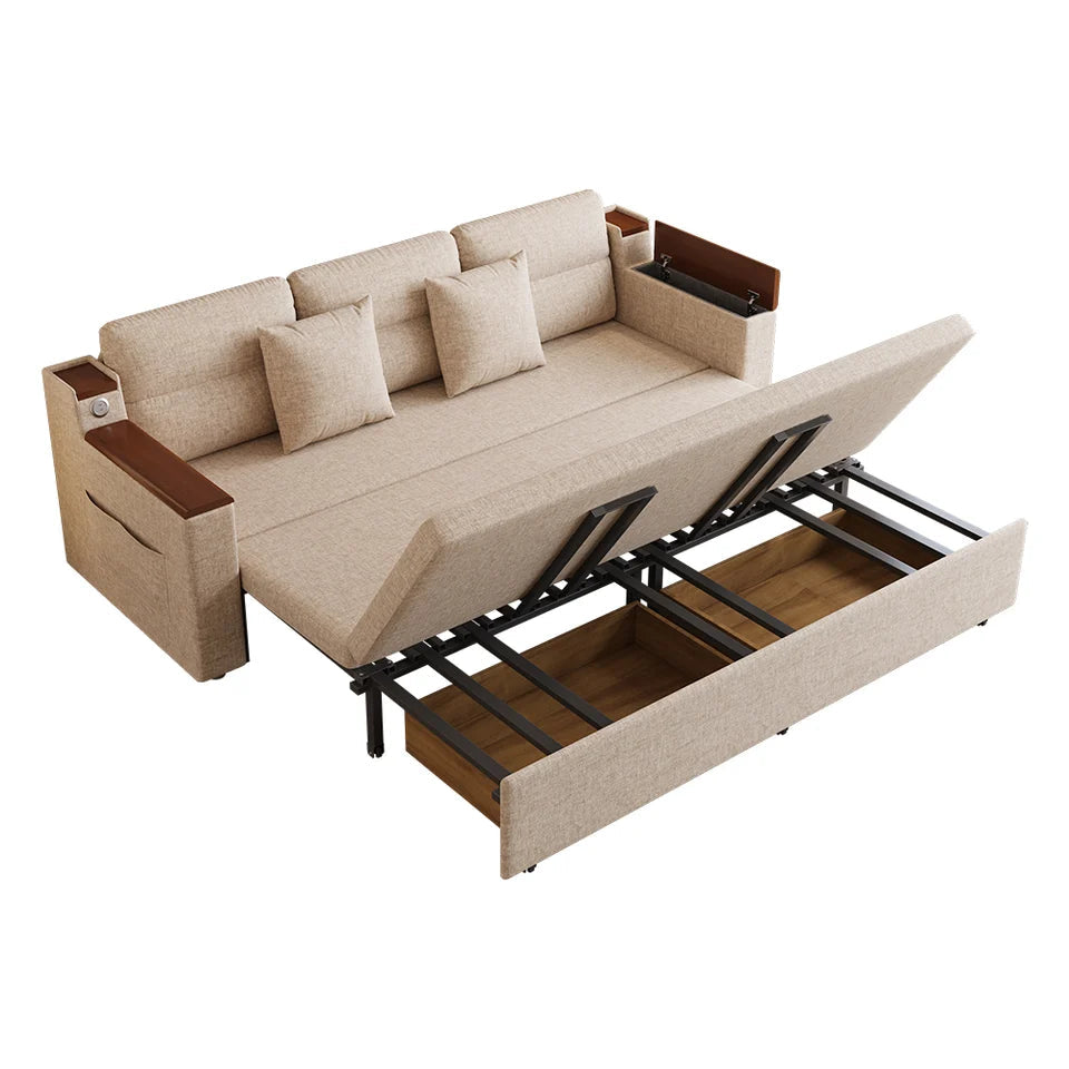 83" Linen Convertible Sofa Bed Beige Full Sleeper Sofa with Storage and Side Pockets - 