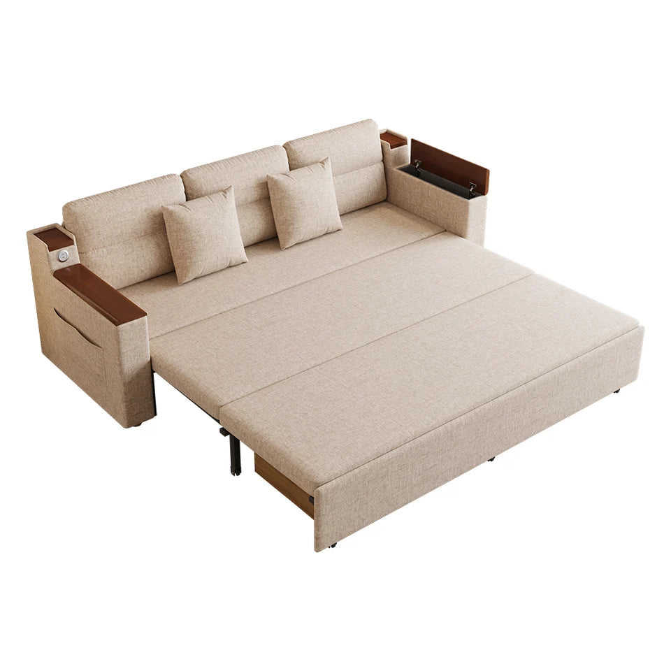 83" Linen Convertible Sofa Bed Beige Full Sleeper Sofa with Storage and Side Pockets - 