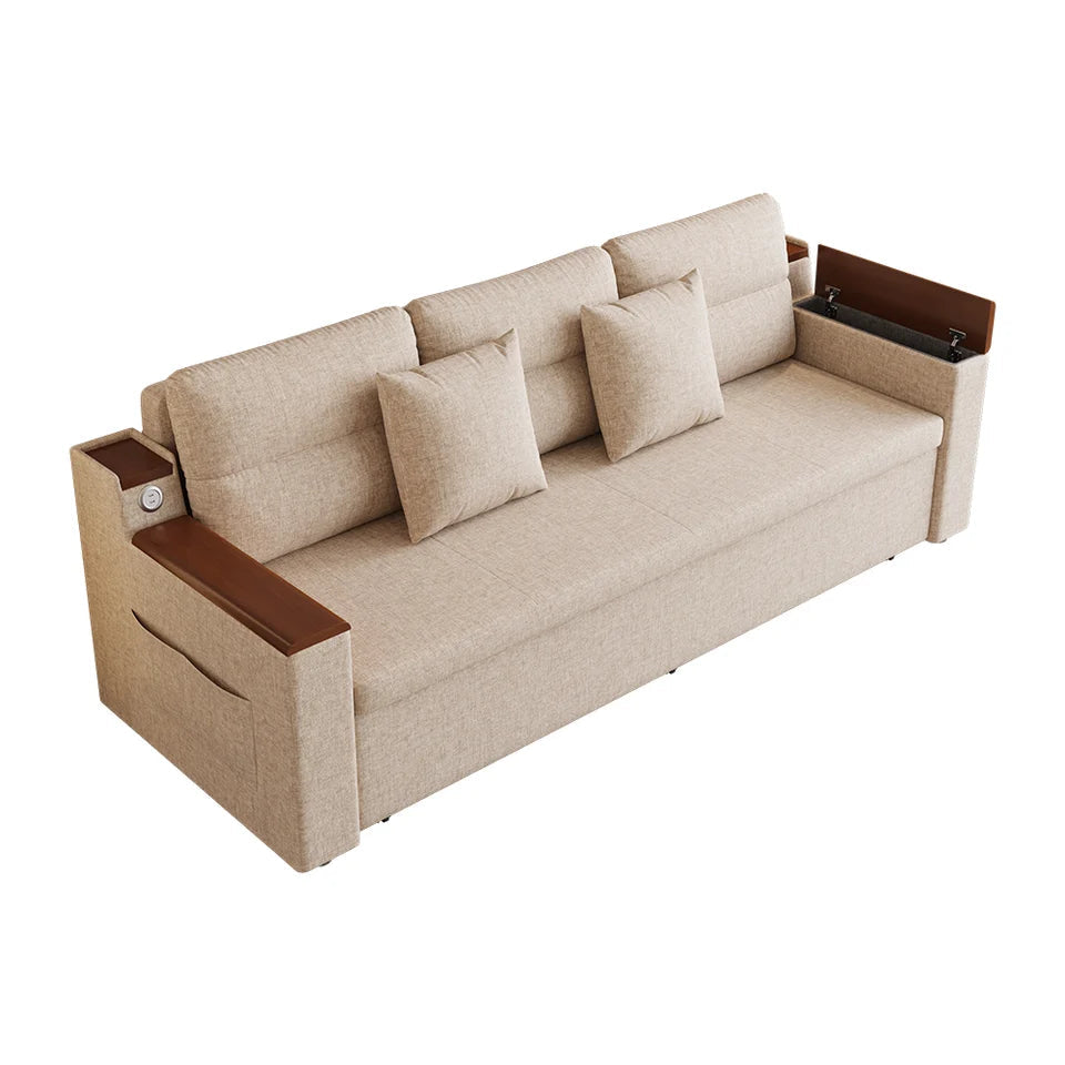 83" Linen Convertible Sofa Bed Beige Full Sleeper Sofa with Storage and Side Pockets - 