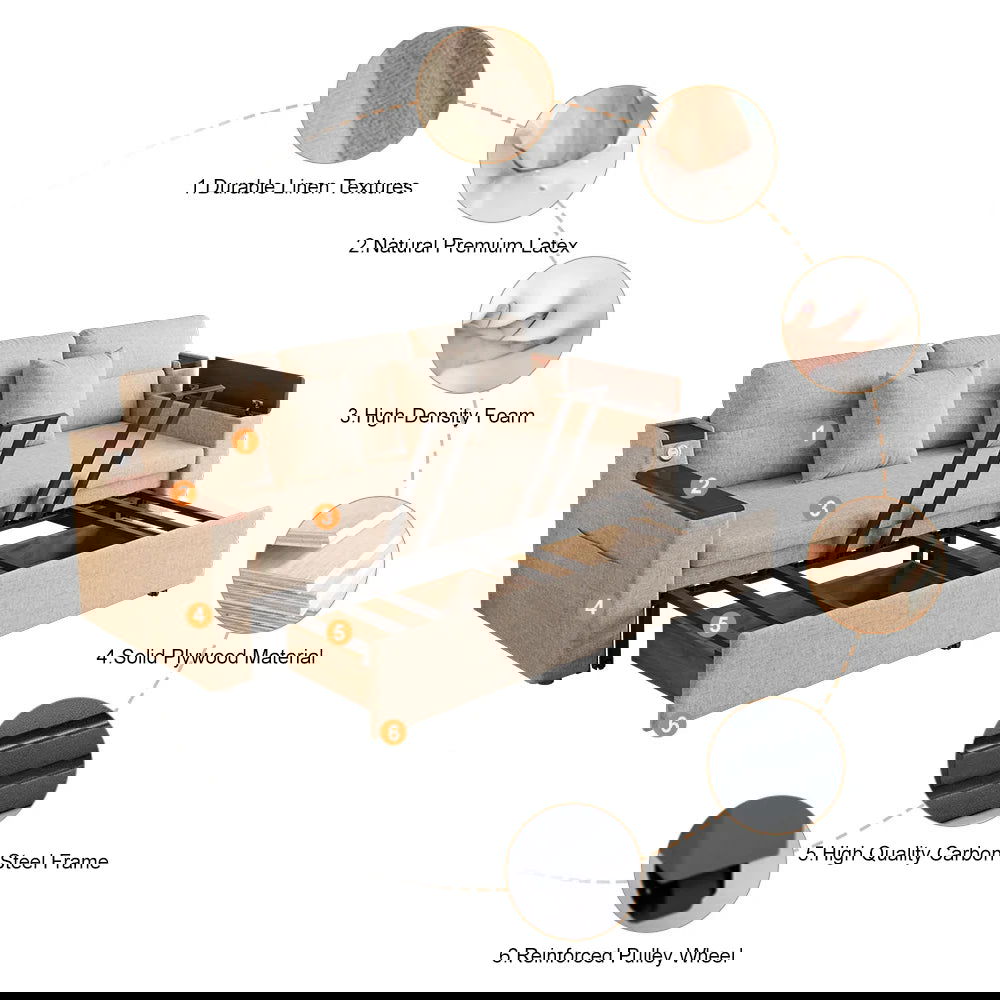 83" Linen Convertible Sofa Bed Beige Full Sleeper Sofa with Storage and Side Pockets - 