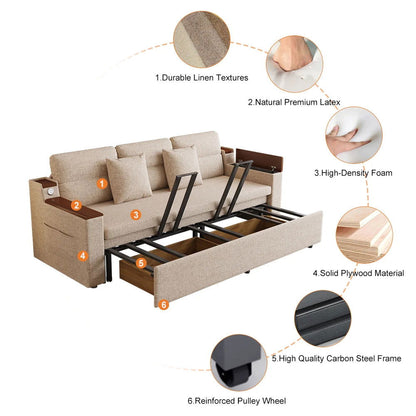 83" Linen Convertible Sofa Bed Beige Full Sleeper Sofa with Storage and Side Pockets - 