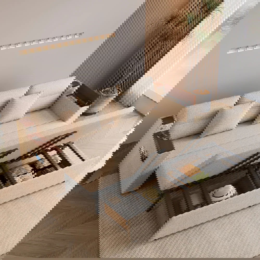 83" Linen Convertible Sofa Bed Beige Full Sleeper Sofa with Storage and Side Pockets - Homary