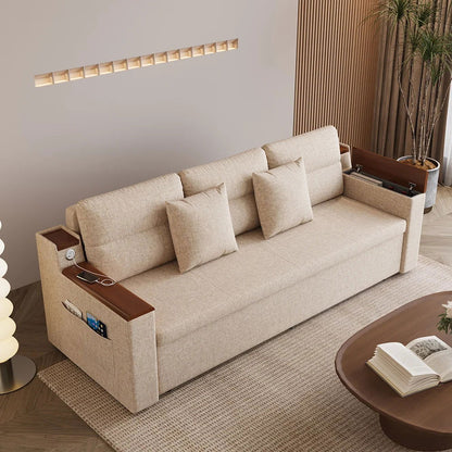 83" Linen Convertible Sofa Bed Beige Full Sleeper Sofa with Storage and Side Pockets - Homary