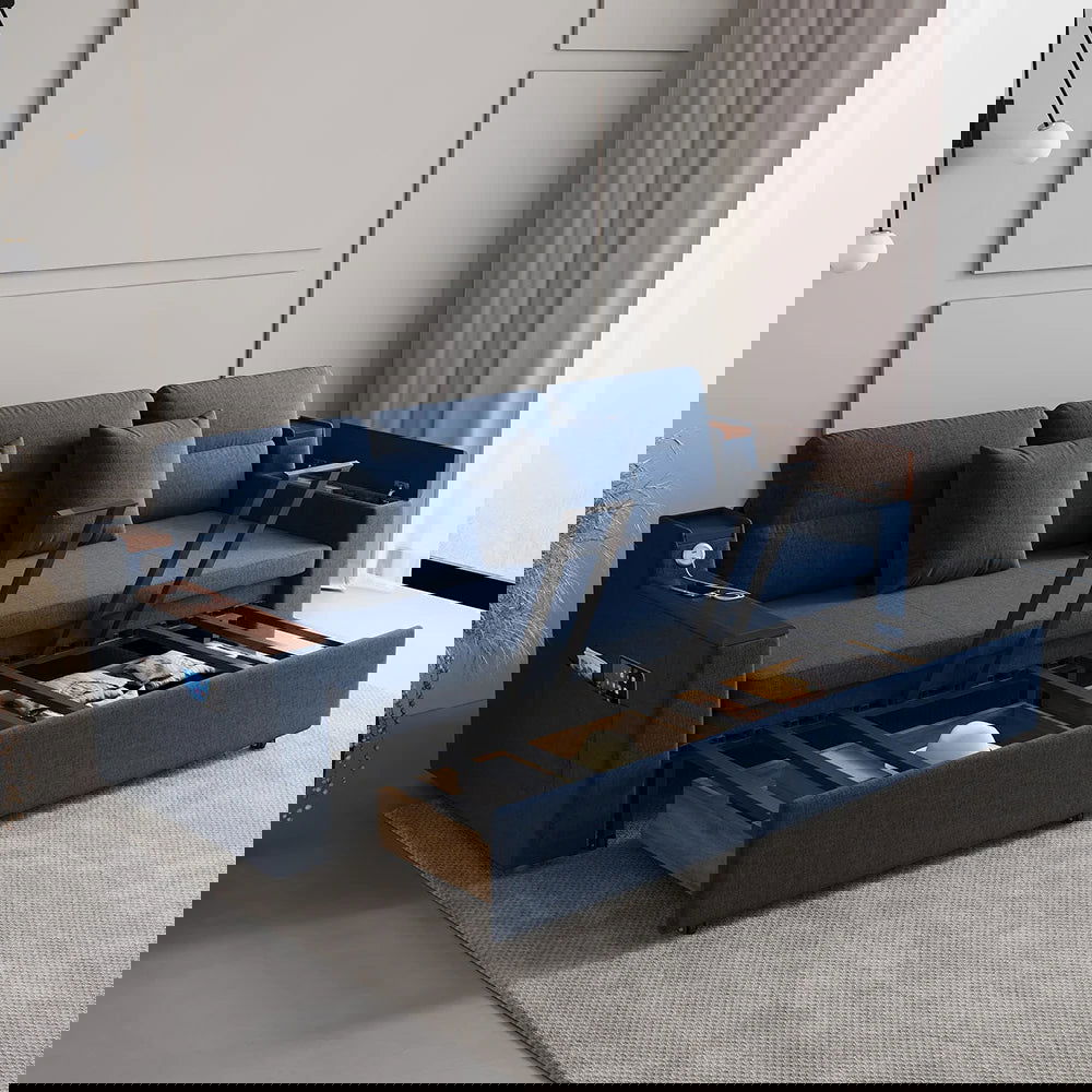 83" Linen Convertible Sofa Bed Blue Full Sleeper Sofa with Storage and Side Pockets - 