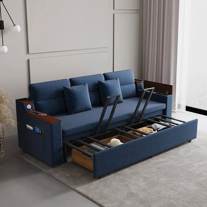 83" Linen Convertible Sofa Bed Blue Full Sleeper Sofa with Storage and Side Pockets - 