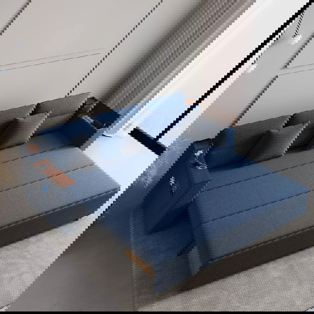 83" Linen Convertible Sofa Bed Blue Full Sleeper Sofa with Storage and Side Pockets - 