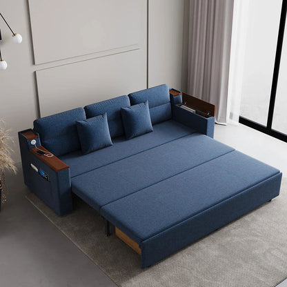 83" Linen Convertible Sofa Bed Blue Full Sleeper Sofa with Storage and Side Pockets - 