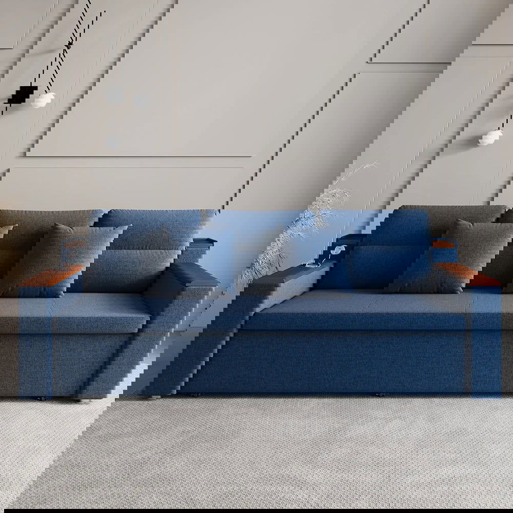 83" Linen Convertible Sofa Bed Blue Full Sleeper Sofa with Storage and Side Pockets - 