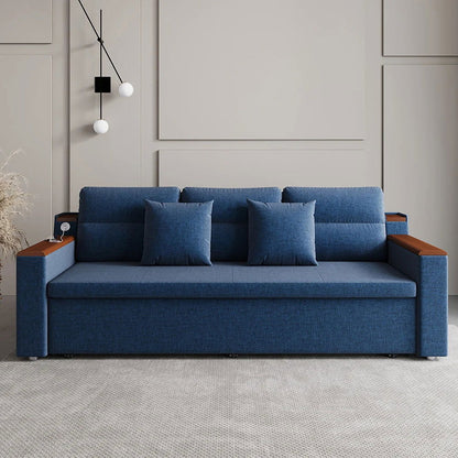 83" Linen Convertible Sofa Bed Blue Full Sleeper Sofa with Storage and Side Pockets - 