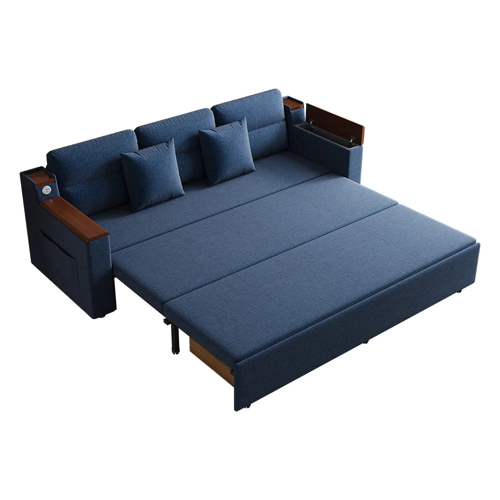 83" Linen Convertible Sofa Bed Blue Full Sleeper Sofa with Storage and Side Pockets - 