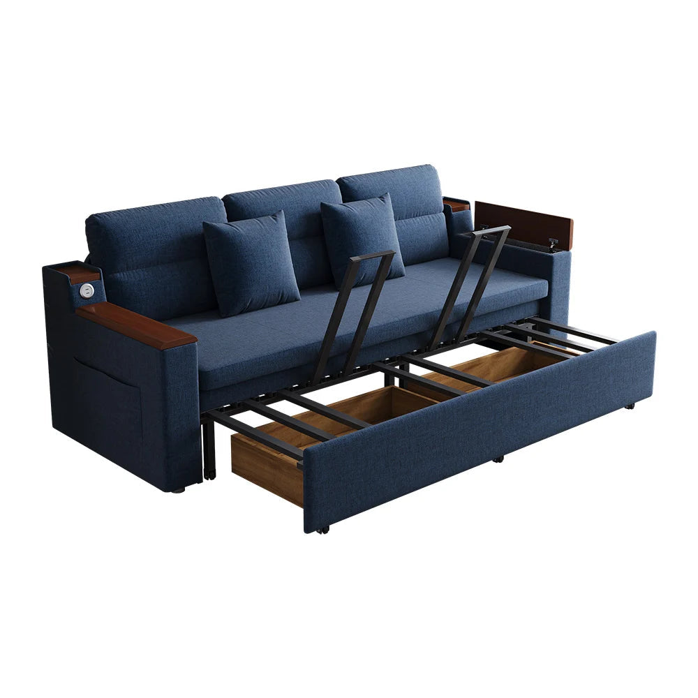 83" Linen Convertible Sofa Bed Blue Full Sleeper Sofa with Storage and Side Pockets - 