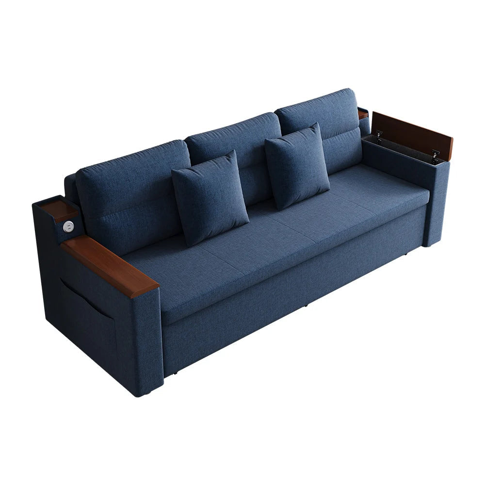 83" Linen Convertible Sofa Bed Blue Full Sleeper Sofa with Storage and Side Pockets - 