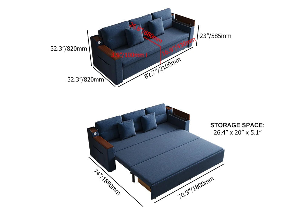 83" Linen Convertible Sofa Bed Blue Full Sleeper Sofa with Storage and Side Pockets - 