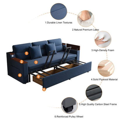 83" Linen Convertible Sofa Bed Blue Full Sleeper Sofa with Storage and Side Pockets - 