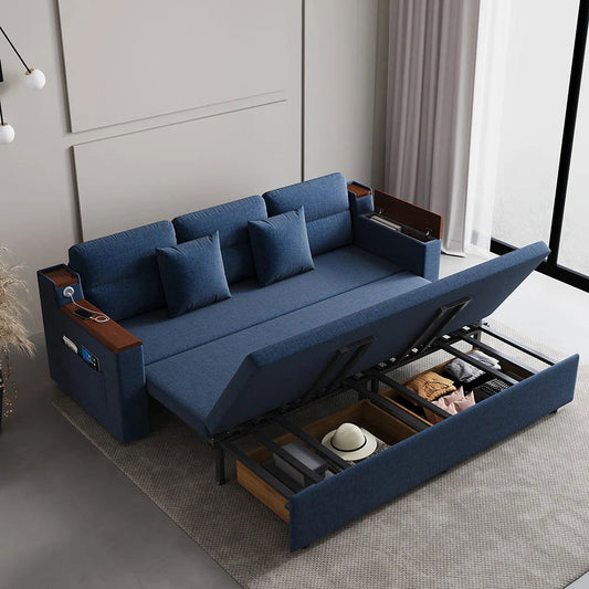 83" Linen Convertible Sofa Bed Blue Full Sleeper Sofa with Storage and Side Pockets - Homary