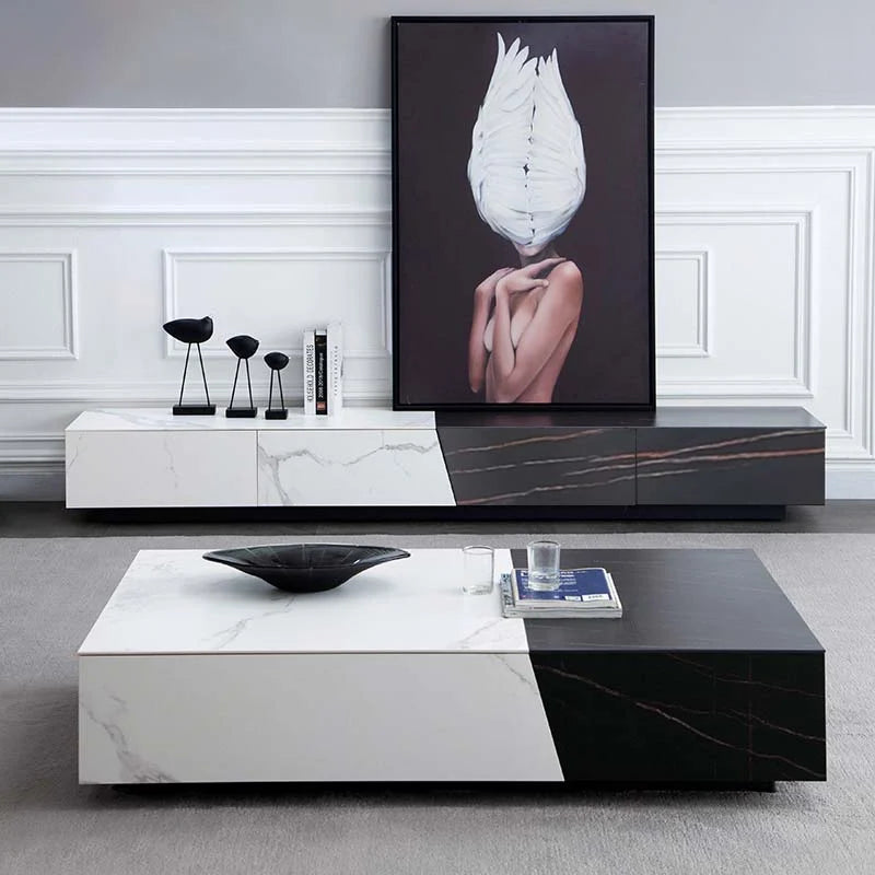 White & Black Sintered Stone TV Stand with Drawer Media Console for TV Up to 85 Inch