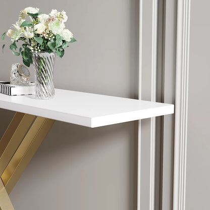 1500mm Narrow White Console Table Modern Style Hallway Table with Gold Metal X Base