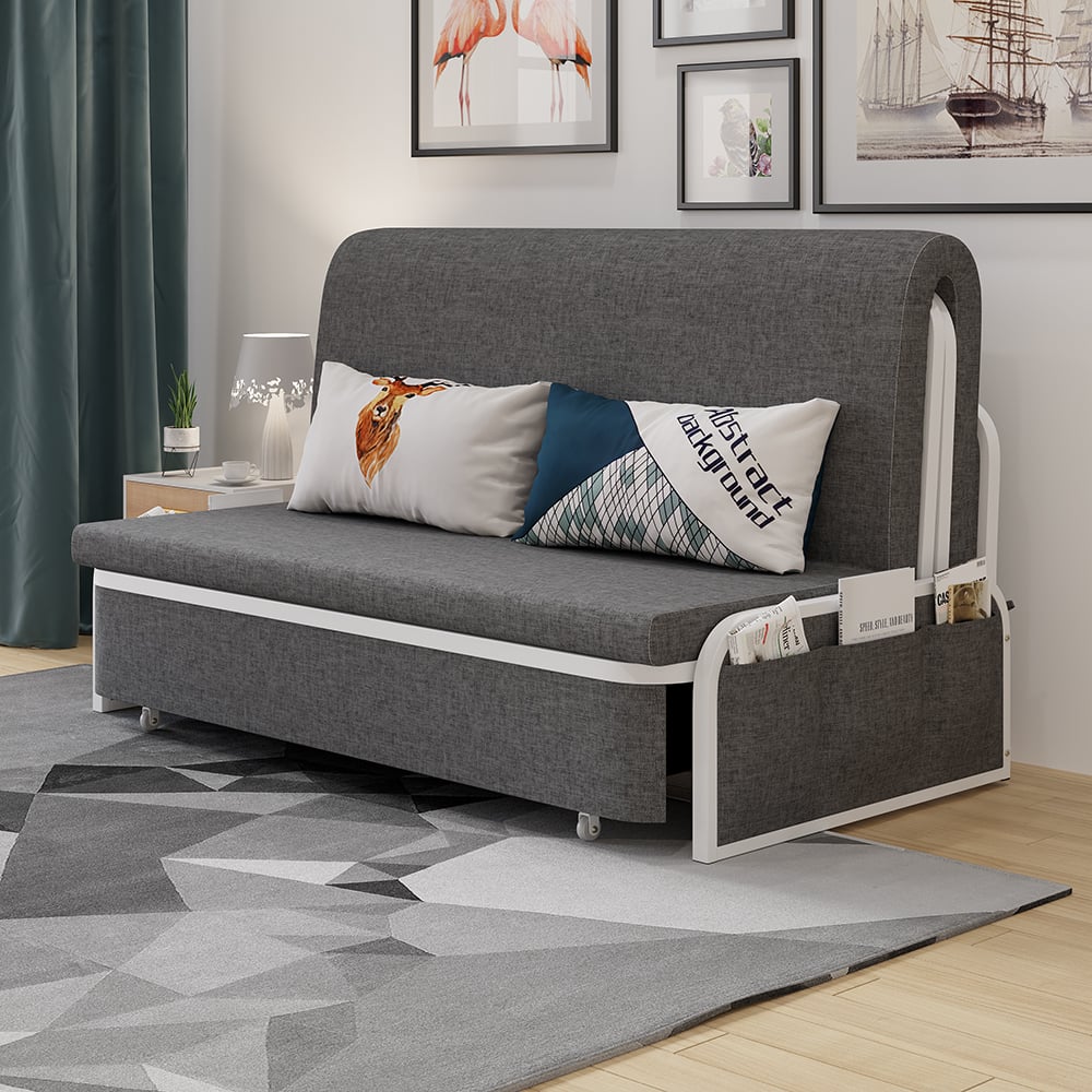 1530mm Modern Deep Grey Cotton Linen Upholstered Convertible Sofa Bed with Storage