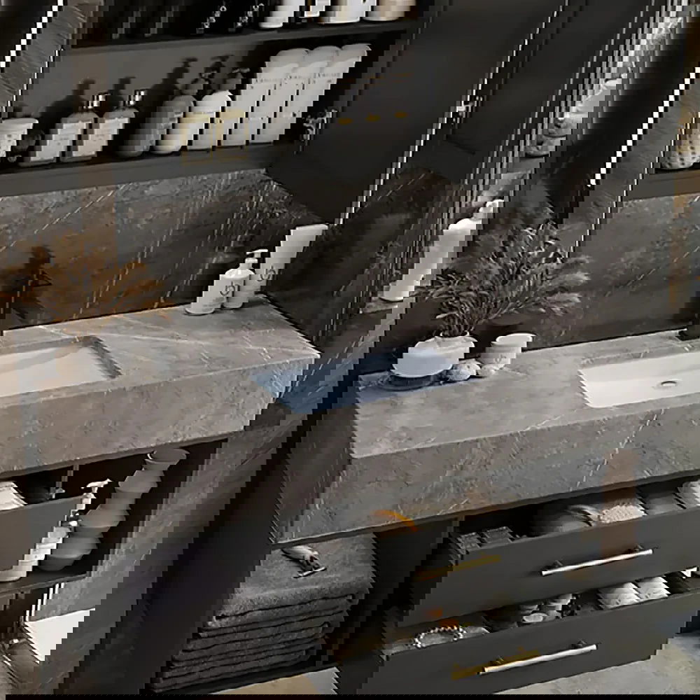 900mm Floating Bathroom Vanity with Sintered Stone Vessel Sink with 2 Drawers - Homary