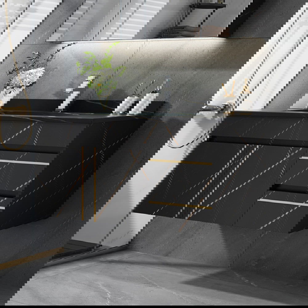 900mm Modern Floating Bathroom Vanity Faux Marble Single Ceramic Sink Black - 