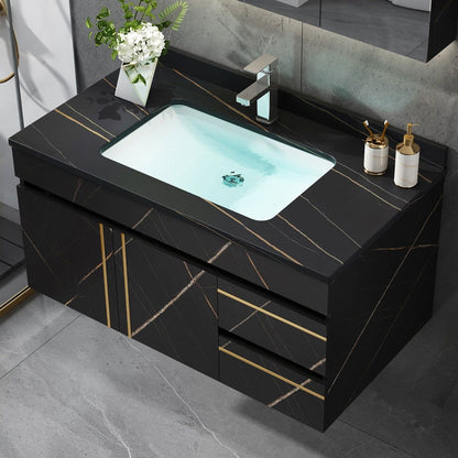 900mm Modern Floating Bathroom Vanity Faux Marble Single Ceramic Sink Black - 