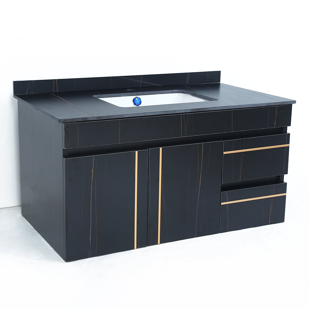 900mm Modern Floating Bathroom Vanity Faux Marble Single Ceramic Sink Black - 