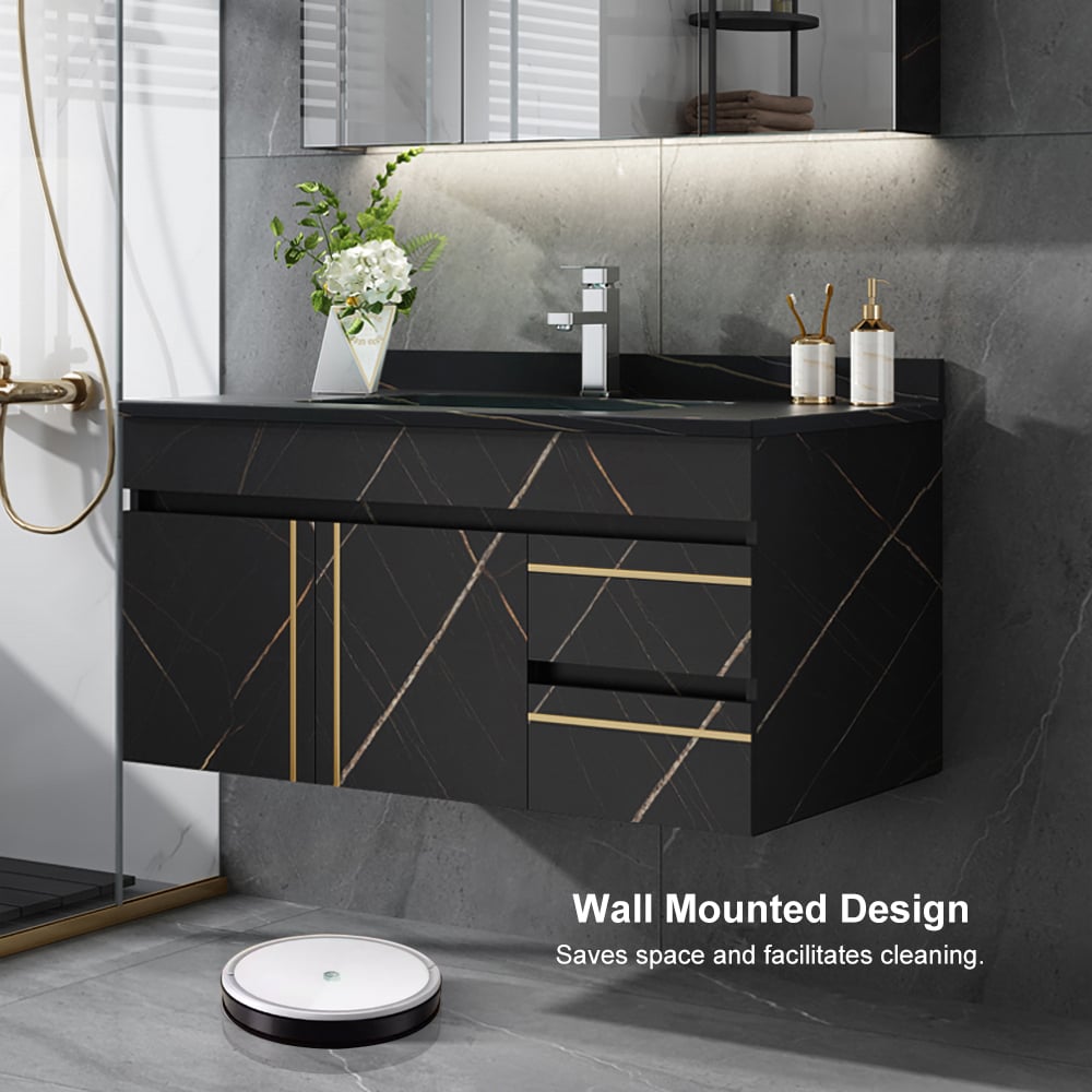 900mm Modern Floating Bathroom Vanity Faux Marble Single Ceramic Sink Black - 