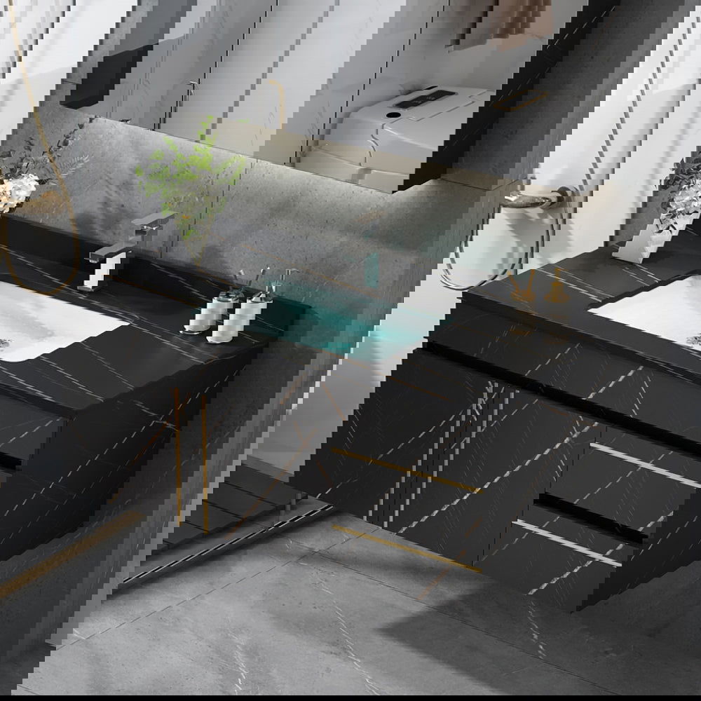 900mm Modern Floating Bathroom Vanity Faux Marble Single Ceramic Sink Black - 