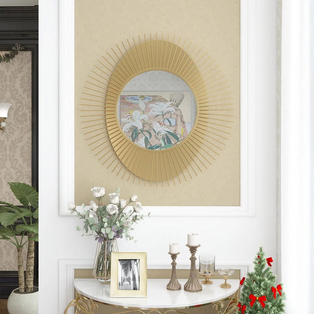 915mm Luxury Creative Sunburst Gold Metal Wall Mirror Home Decor for Living Room - 