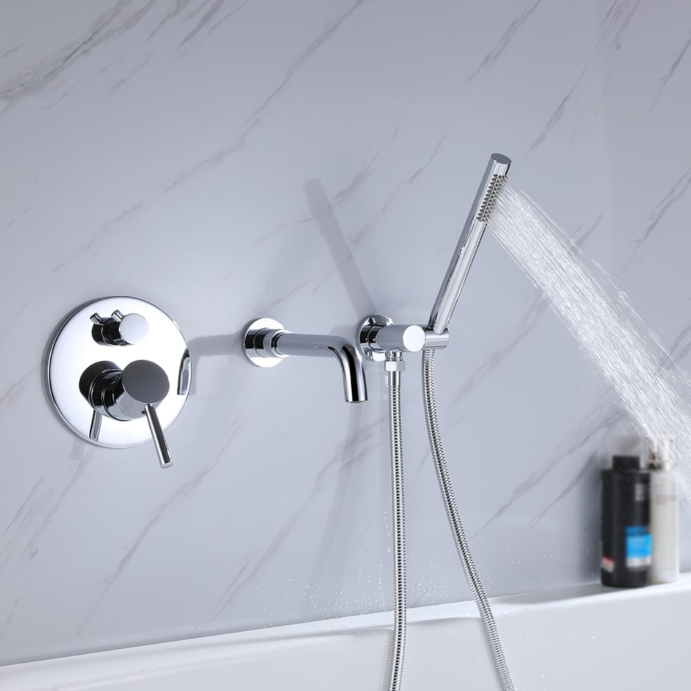 Stev Modern Wall-Mount Swivel Bath Filler Mixer Tap with Handshower in Polished Chrome