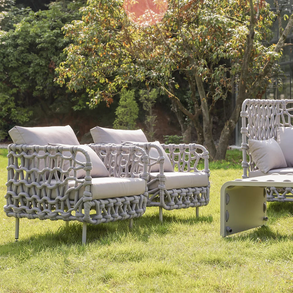 6 Pieces Aluminum & Rope Outdoor Sofa Set with Coffee Table and Cushion Pillow in Gray