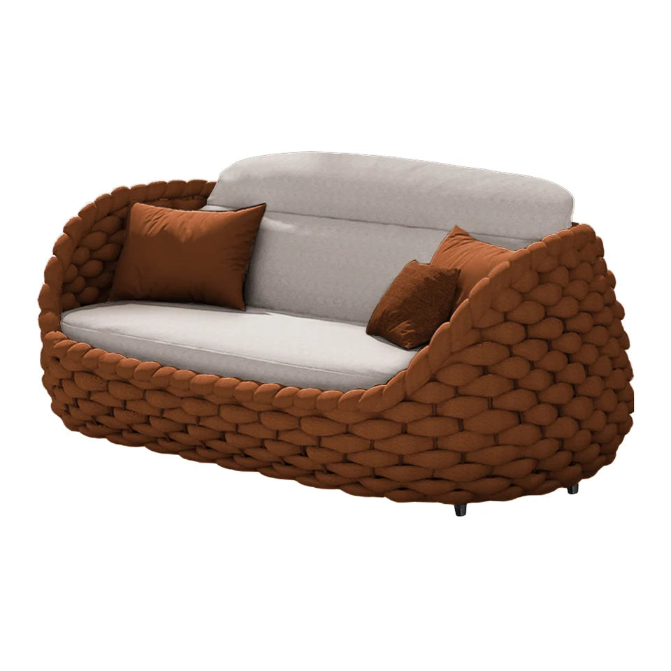 Tatta 4 Pieces Woven Rope Outdoor Sofa Set Faux Marble Top Coffee Table in Brown & White