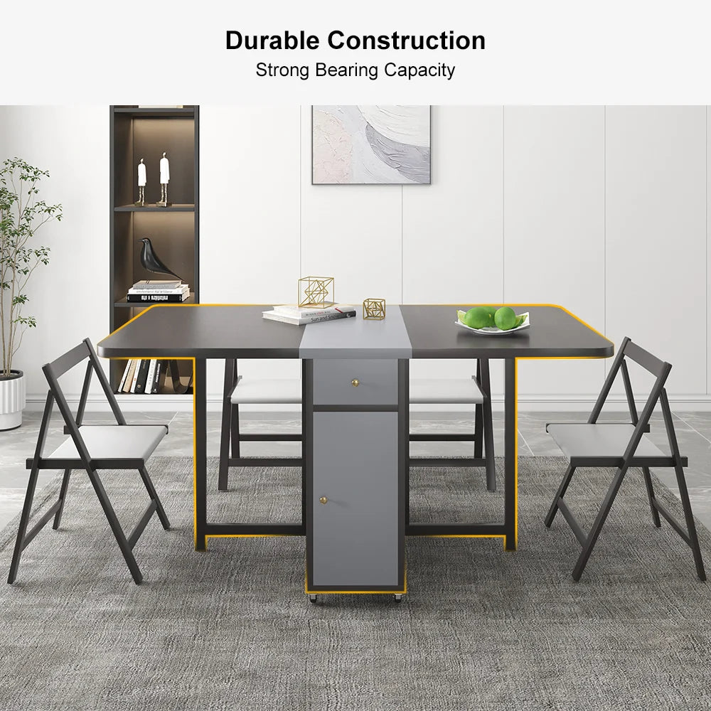 Ultic 1500mm Modern Grey Rectangle Folding Wood Dining Table Set with Chair 5 Pieces