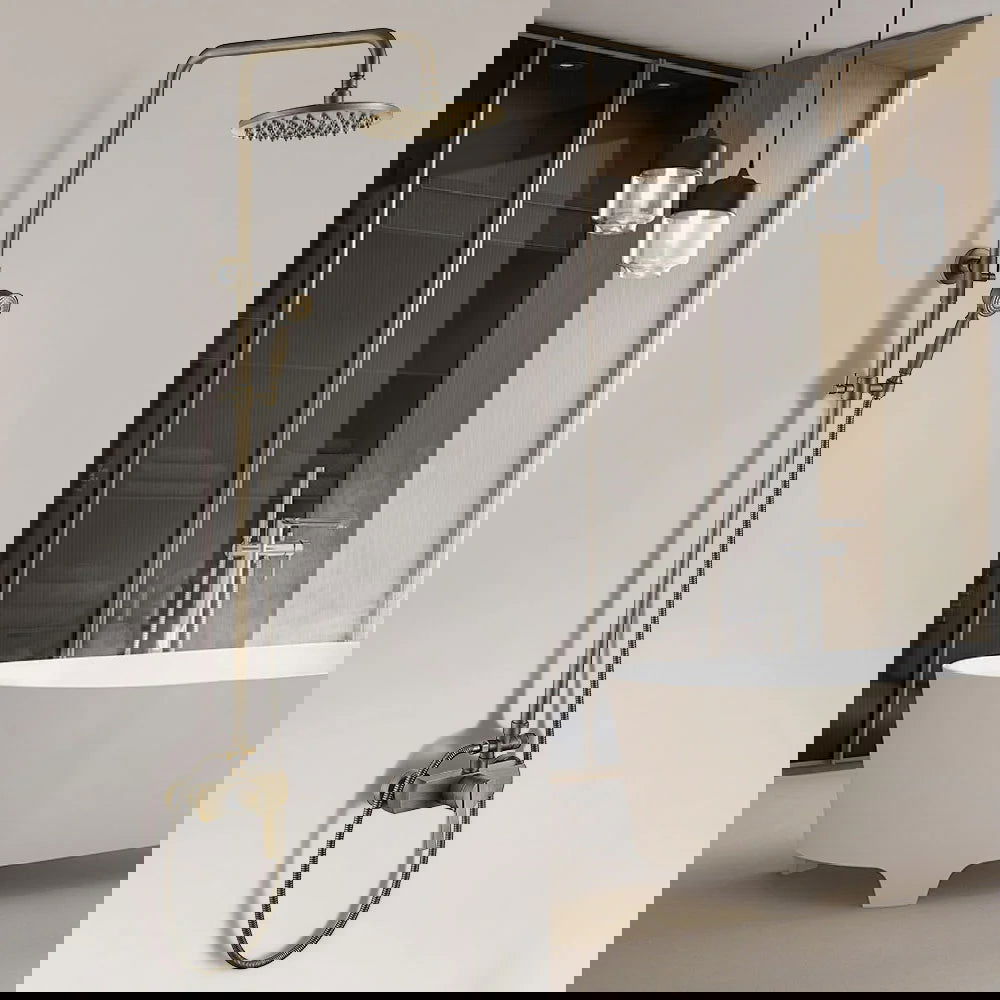 Antique Brass Exposed Wall Mount Shower Set with 200mm Rain Shower Head and Hand Shower - Homary