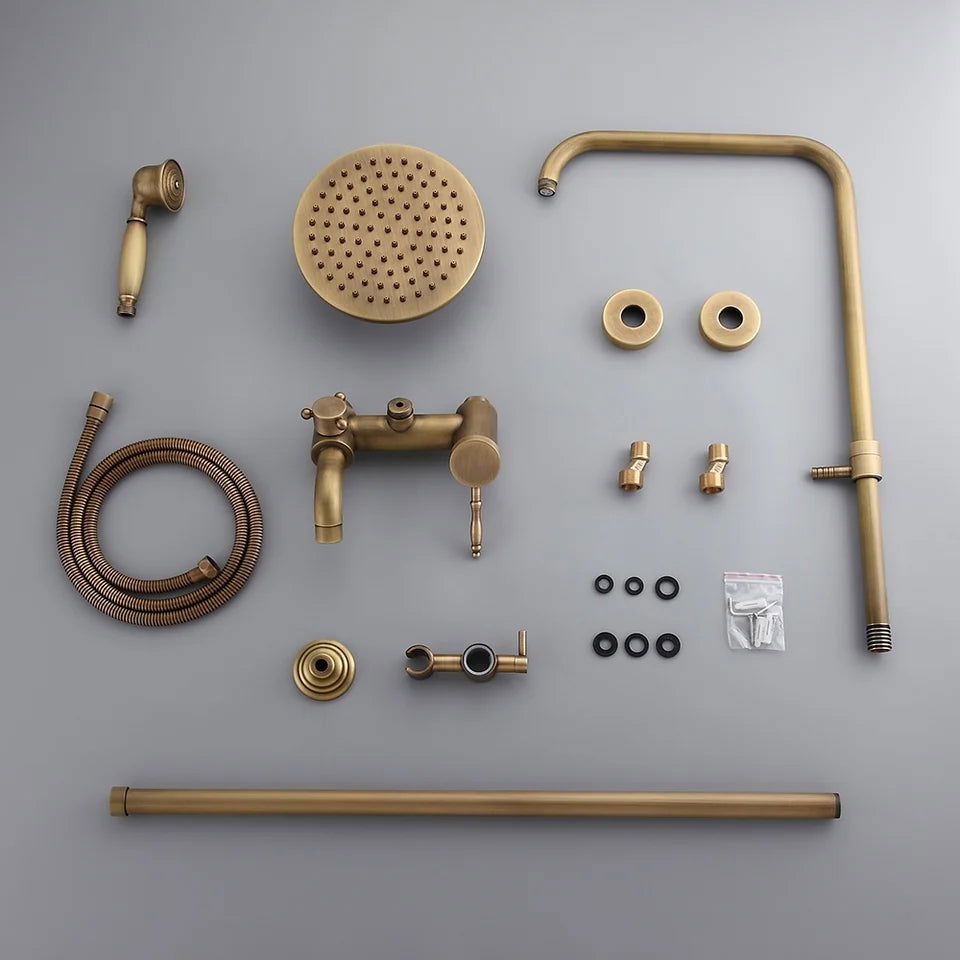 Antique Brass Single Lever Exposed Rain Shower System with Hand Shower & Bath Filler - 