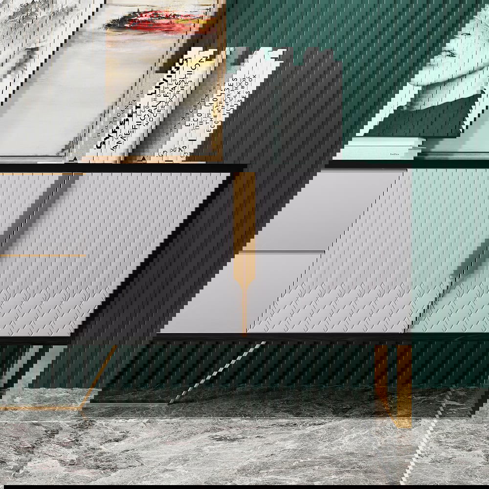 Aro Modern White Black Wood TV Stand with 2 Drawers 4 Doors Media Console for 2032mm TV - 