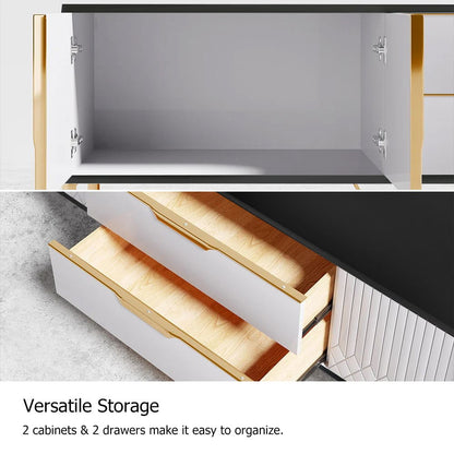 Aro Modern White Black Wood TV Stand with 2 Drawers 4 Doors Media Console for 2032mm TV - 