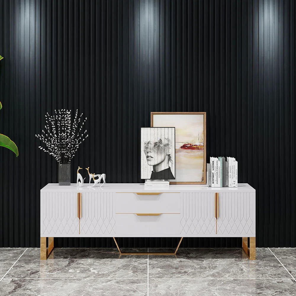 Aro Modern White Black Wood TV Stand with 2 Drawers 4 Doors Media Console for 2032mm TV - 