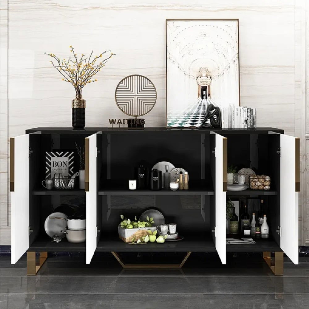 Aro Modern White and Black 1500mm Wide Wood Sideboard Buffet 4 Doors for Kitchen Storage - 