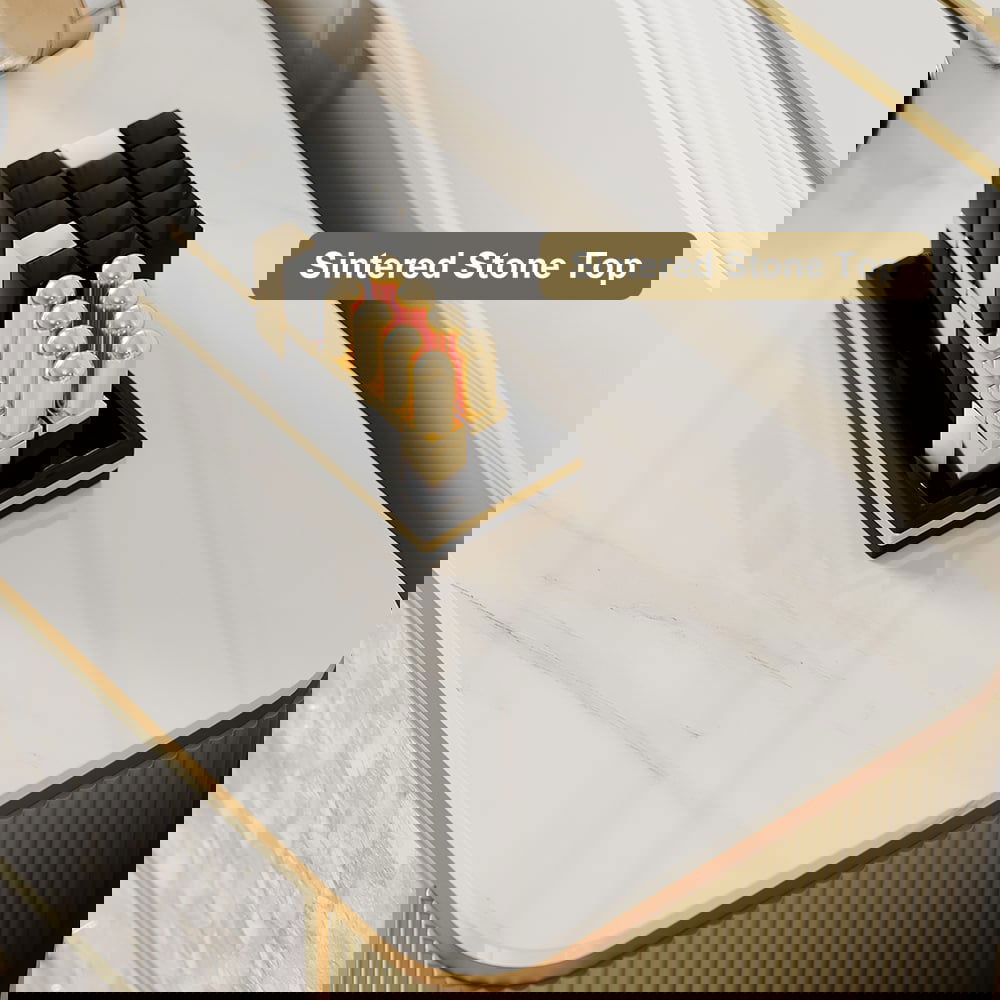 Art Deco 6 Drawer Dresser Capiz Shell Beige Chest Storag Cabinet with Sintered Stone Top - 