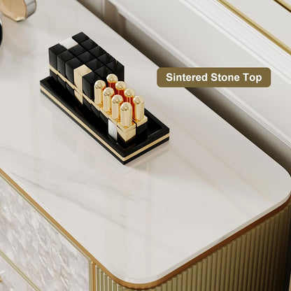 Art Deco 6 Drawer Dresser Capiz Shell Beige Chest Storag Cabinet with Sintered Stone Top - 