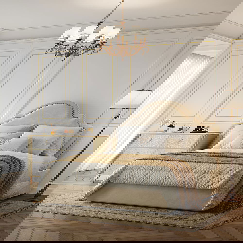 Art Deco 6 Drawer Dresser Capiz Shell Beige Chest Storag Cabinet with Sintered Stone Top - 