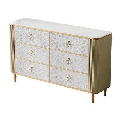 Art Deco 6 Drawer Dresser Capiz Shell Beige Chest Storag Cabinet with Sintered Stone Top - 