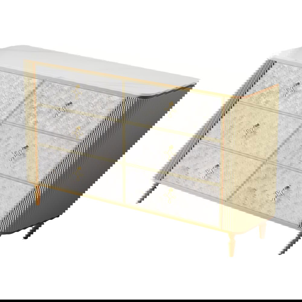 Art Deco 6 Drawer Dresser Capiz Shell Beige Chest Storag Cabinet with Sintered Stone Top - 