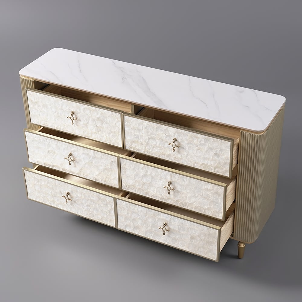 Art Deco 6 Drawer Dresser Capiz Shell Beige Chest Storag Cabinet with Sintered Stone Top - 
