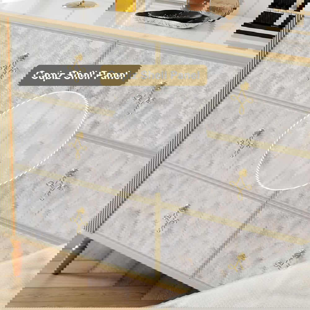 Art Deco 6 Drawer Dresser Capiz Shell Beige Chest Storag Cabinet with Sintered Stone Top - 